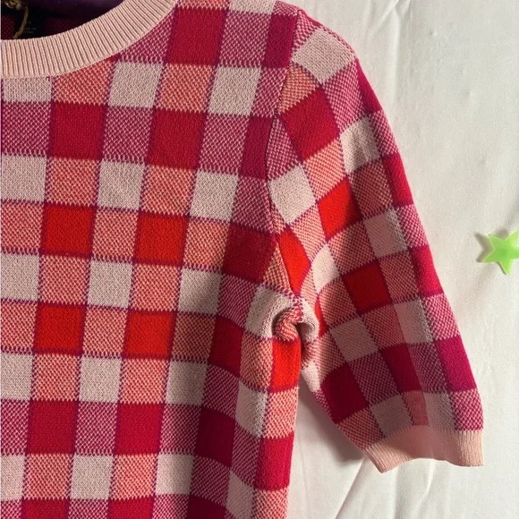 Ann Taylor Pink Red Purple Plaid Short Sleeve Sweater Top - Picture 14 of 14